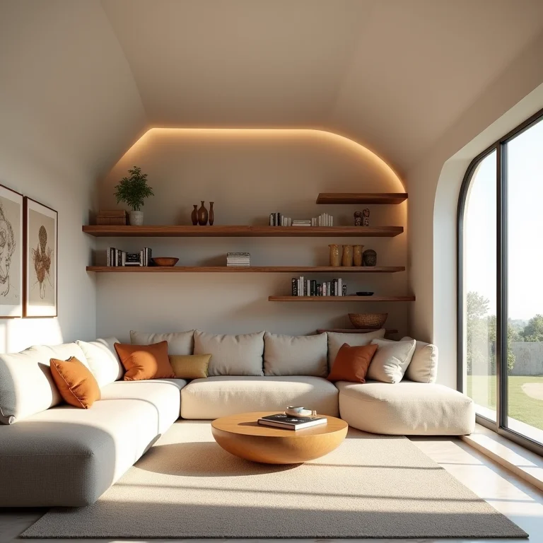 Design versátil com paredes de drywall curvas e iluminação.