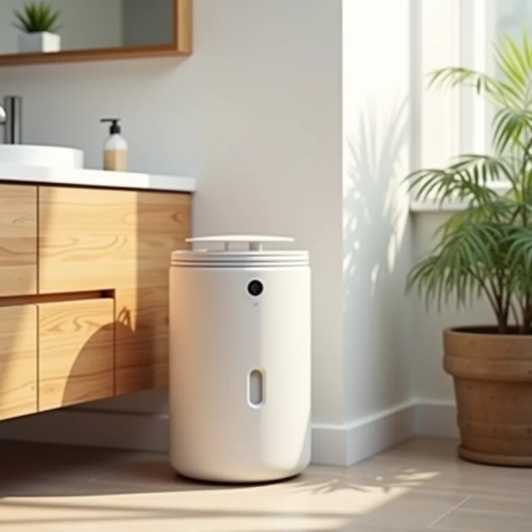 Desumidificador próximo a um gabinete de madeira.