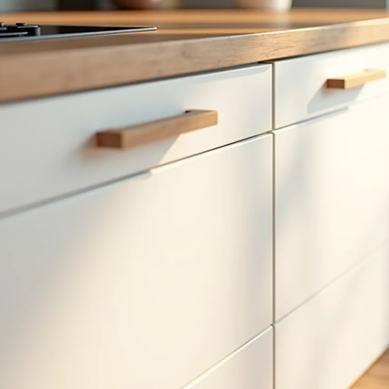 Detalhe de armário de cozinha sem puxador e design minimalista