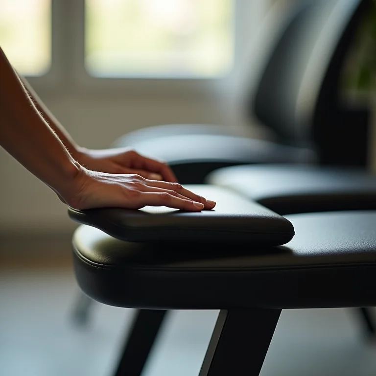 Detalhe de mãos tocando banco ergonômico com suporte lombar