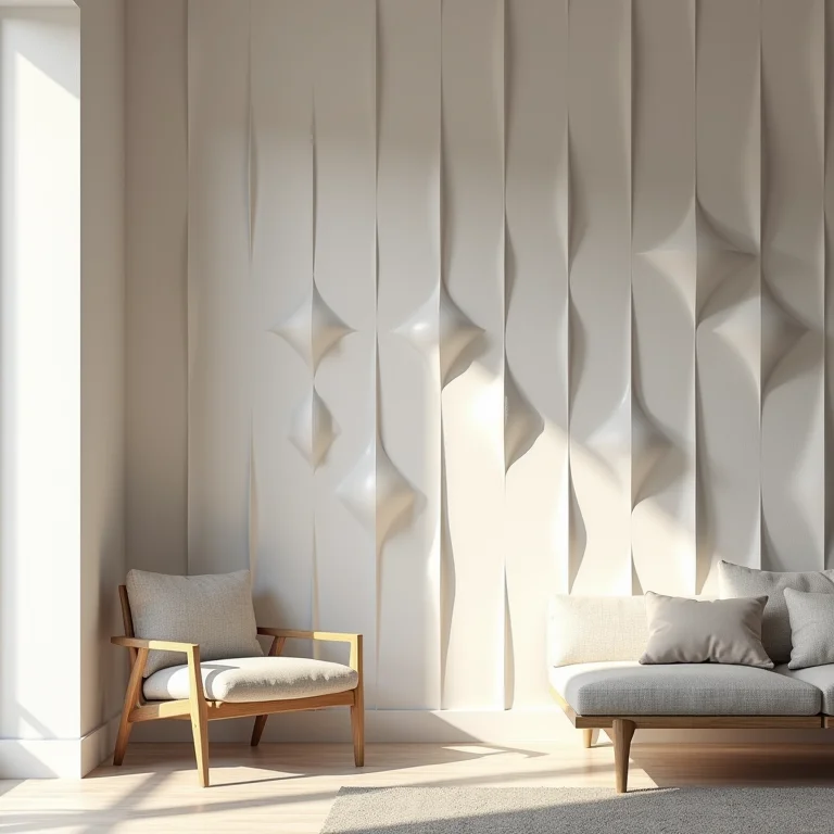 Detalhe de papel de parede 3D geométrico em parede de sala de estar