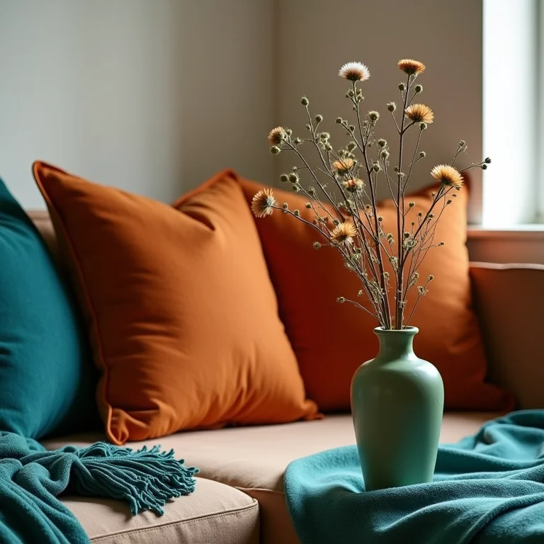 Detalhe de sala de estar com almofadas laranja queimado, vaso verde musgo e manta azul petróleo.