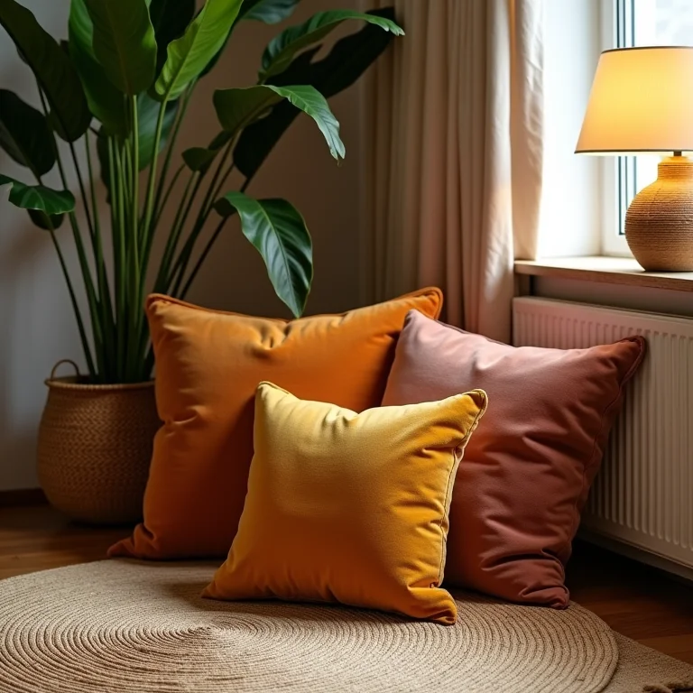 Detalhe de sala de estar com tapete, almofadas de veludo, plantas e iluminação quente, criando um ambiente acolhedor.
