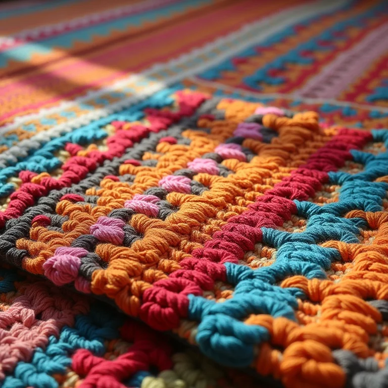 Detalhe de um tapete de crochê com design exclusivo