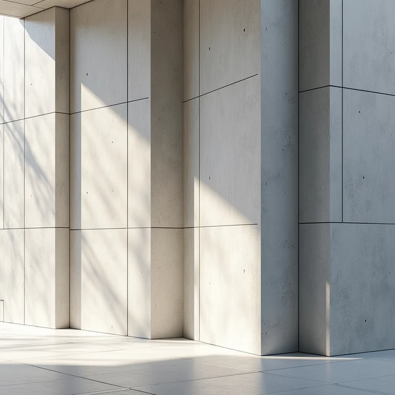 Detalhe de uma fachada de concreto com elementos modulares repetitivos.