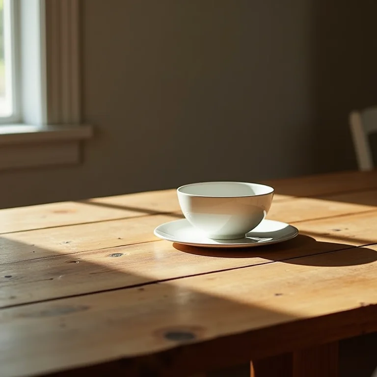 Detalhe de uma mesa de jantar industrial com um elemento destoante.