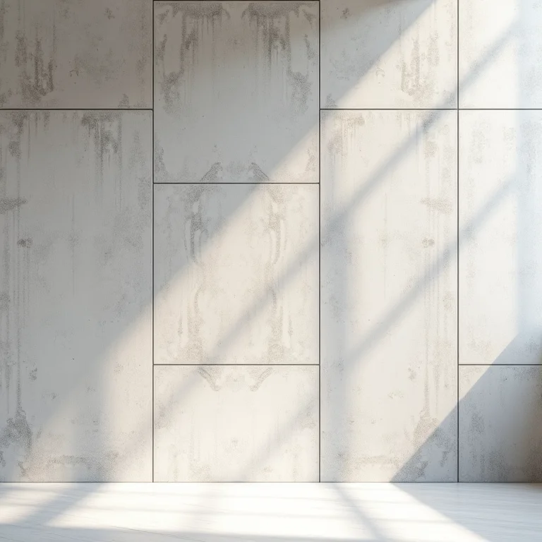 Detalhe de uma parede de concreto com padrões geométricos em arquitetura brutalista.