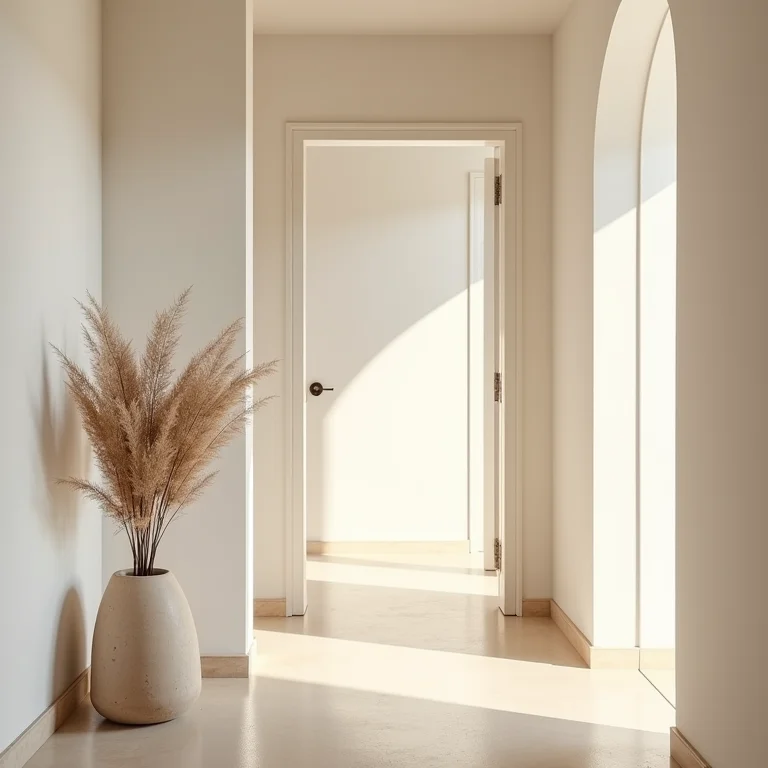 Detalhes de decoração em um corredor minimalista.