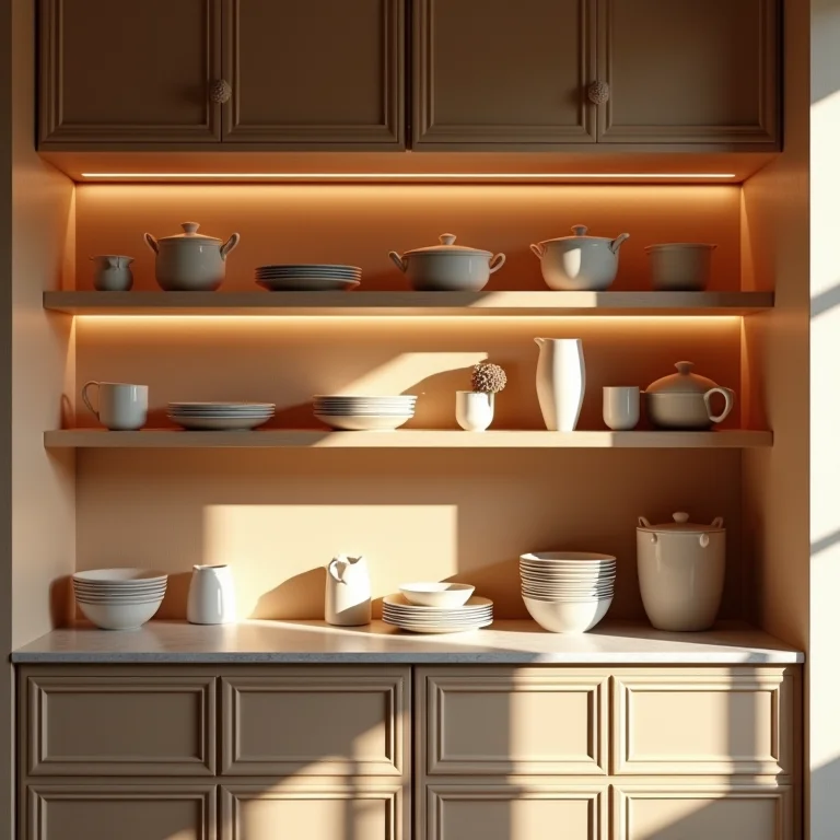 Detalhes de decoração na cozinha com iluminação de destaque