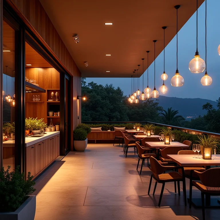 Diferentes camadas de iluminação em varanda gourmet.