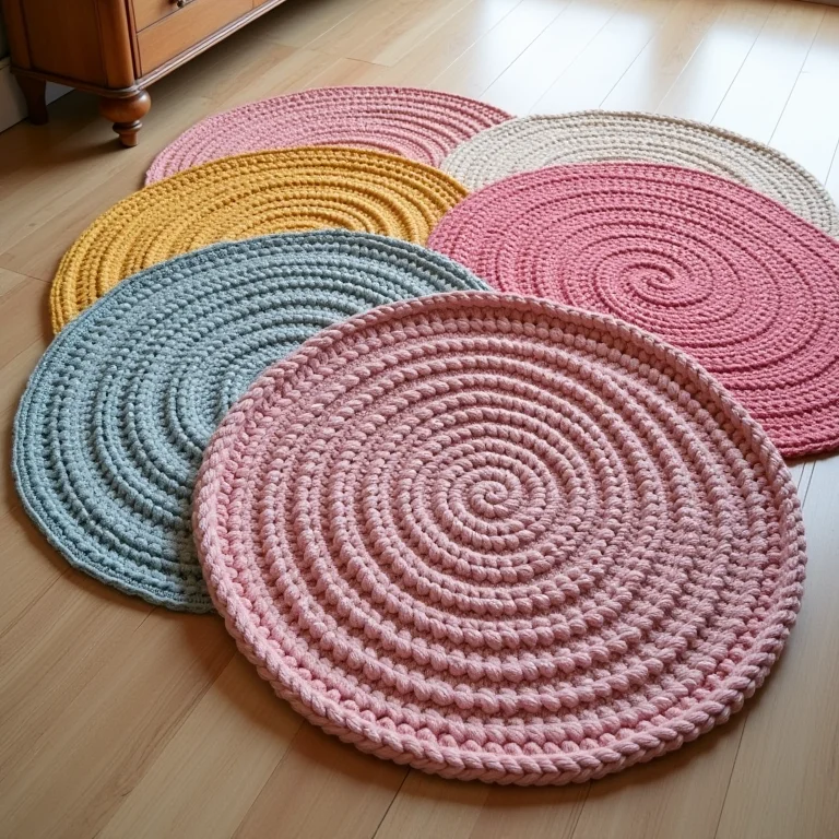 Diversos tapetes de crochê coloridos e texturizados