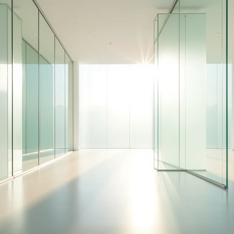 Divisórias de vidro refletivo em um ambiente interno sofisticado.