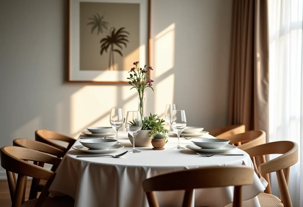 Elegante sala de jantar pequena decorada com estilo minimalista.