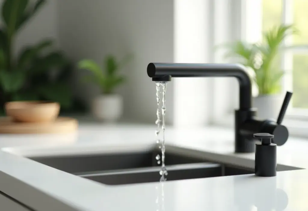 Elegante torneira preta em cozinha minimalista