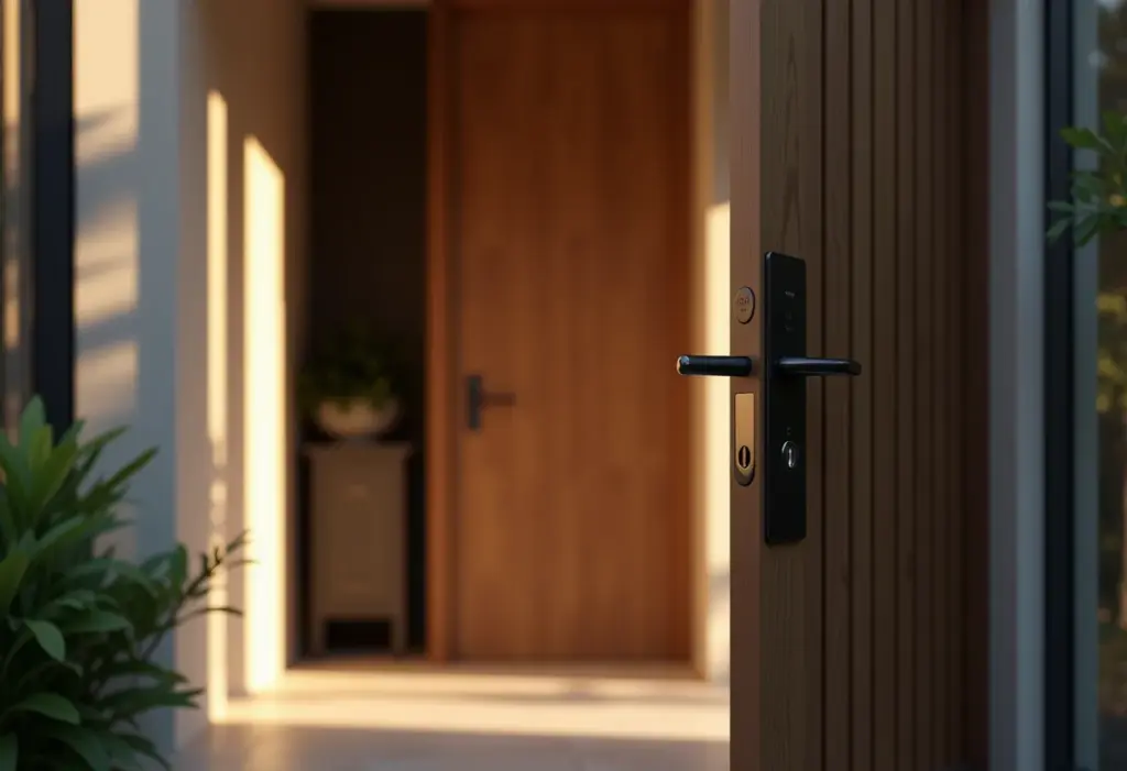 Entrada moderna de uma casa com porta e fechadura em destaque