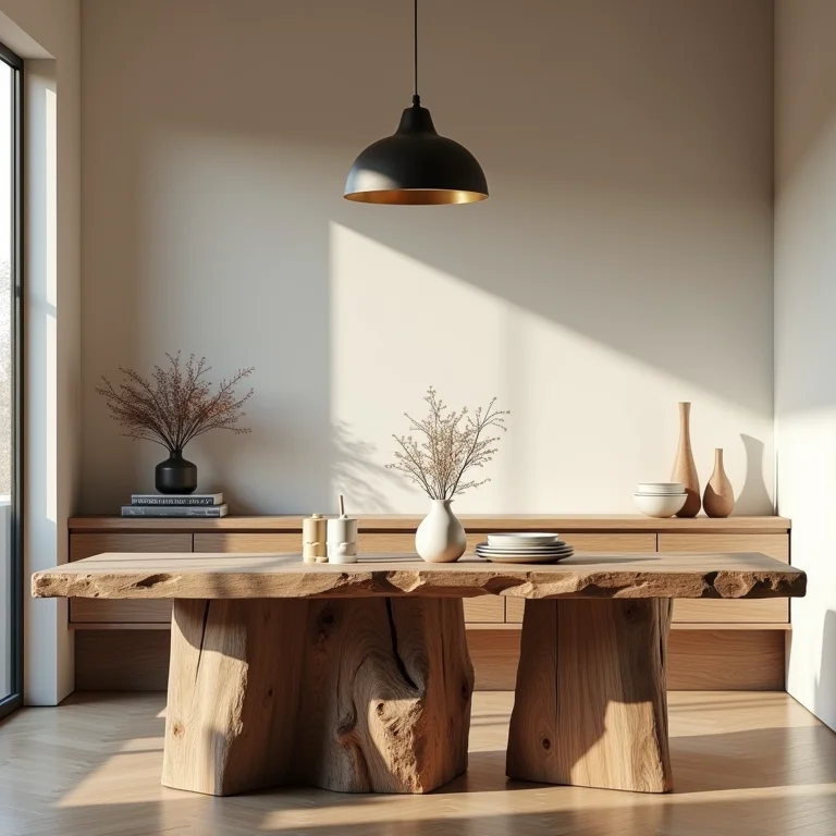 Equilíbrio entre elementos rústicos e modernos em uma sala de jantar industrial.