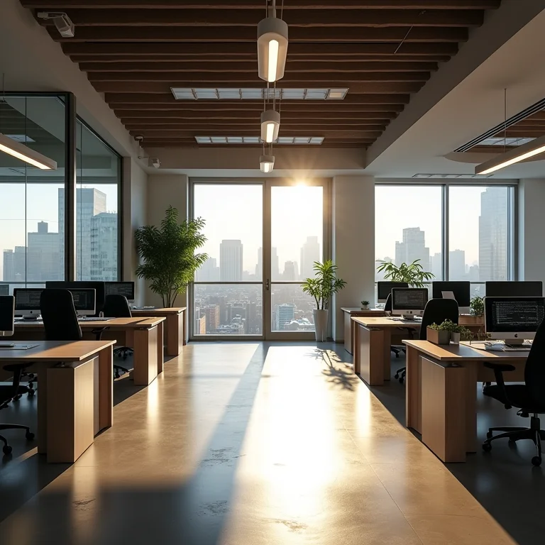 Escritório com design de iluminação deficiente, criando sombras e reflexos indesejados.