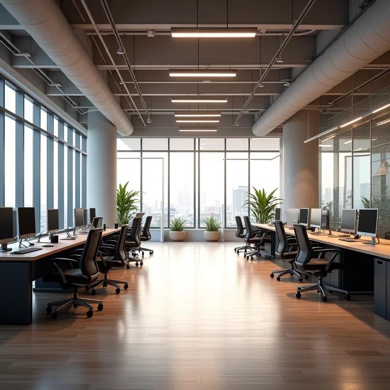 Escritório moderno com iluminação otimizada para produtividade e bem-estar.