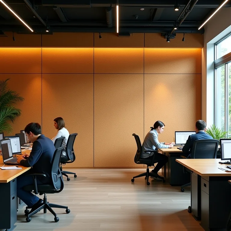 Escritório moderno com painéis de cortiça para isolamento acústico