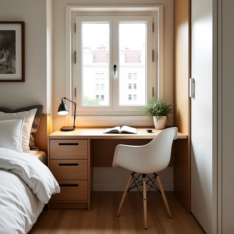 Escrivaninha dobrável em quarto pequeno