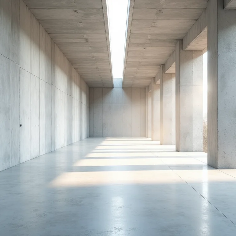 Espaço amplo e vazio em concreto, transmitindo uma sensação de gigantismo.