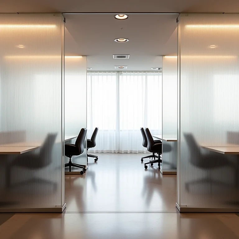 Espaço de co-working com divisórias de vidro canelado
