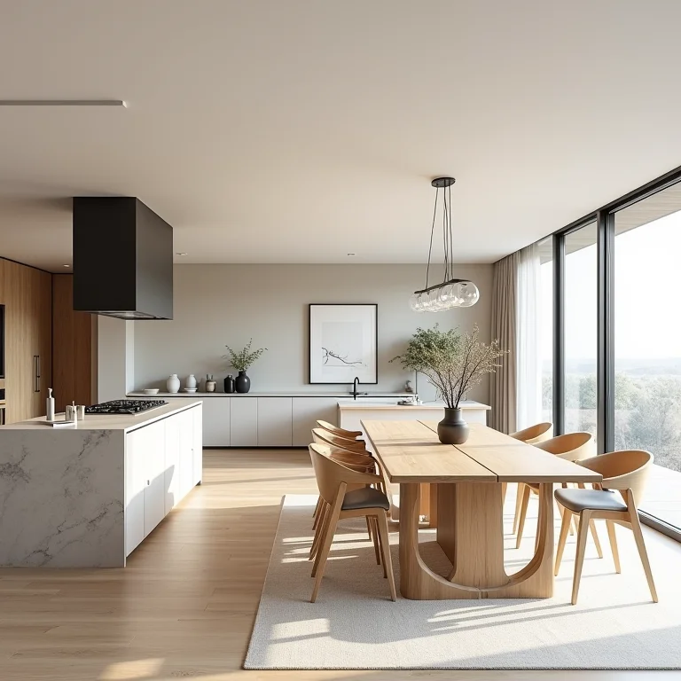 Espaço integrado de cozinha, sala de jantar e sala de estar.