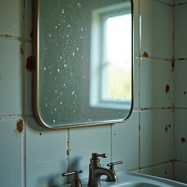 Espelho de banheiro embaçado com sinais de umidade e mofo