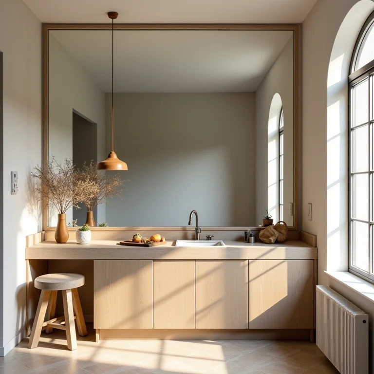 Espelho em uma cozinha pequena ampliando o espaço.