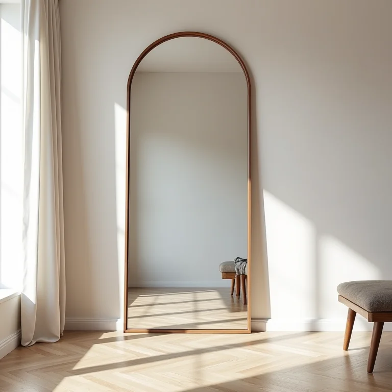 Espelho grande em uma sala de estar, refletindo a luz natural e ampliando o espaço