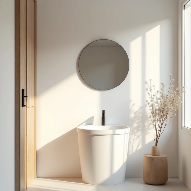 Espelho redondo ampliando visualmente um banheiro pequeno