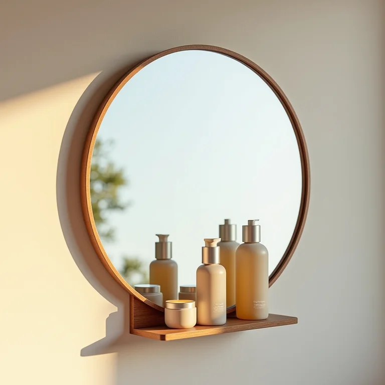 Espelho redondo com prateleira para organizar produtos de beleza