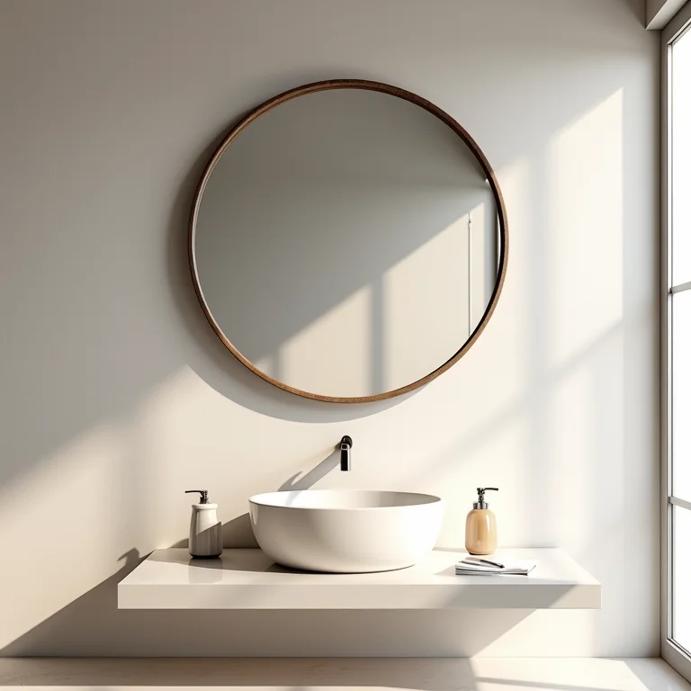 Espelho redondo sem moldura em um banheiro minimalista