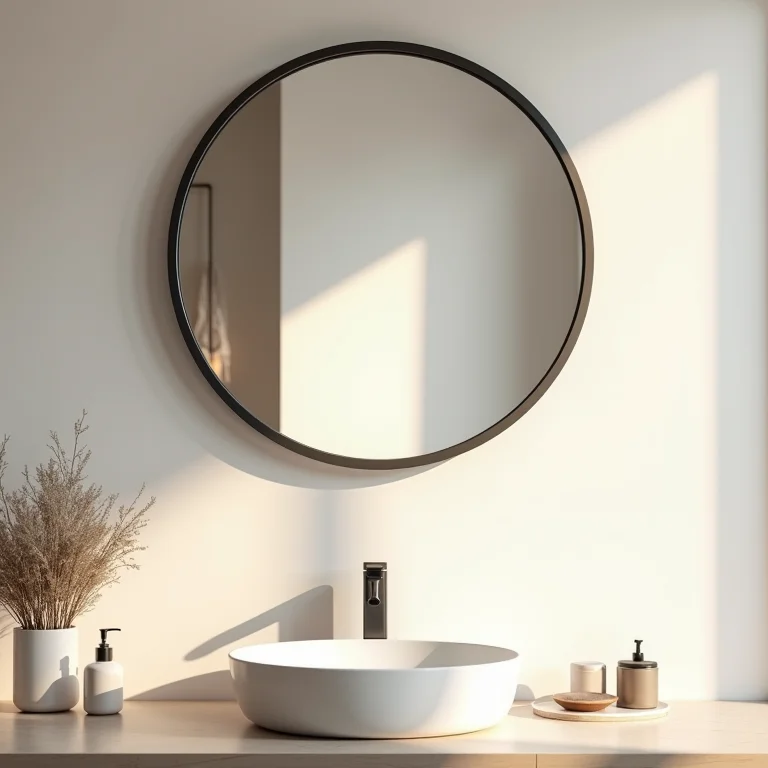 Espelho redondo suavizando as linhas retas de um banheiro moderno