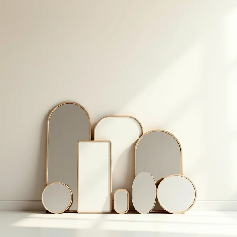 Espelhos de diferentes tamanhos e formatos em composição minimalista