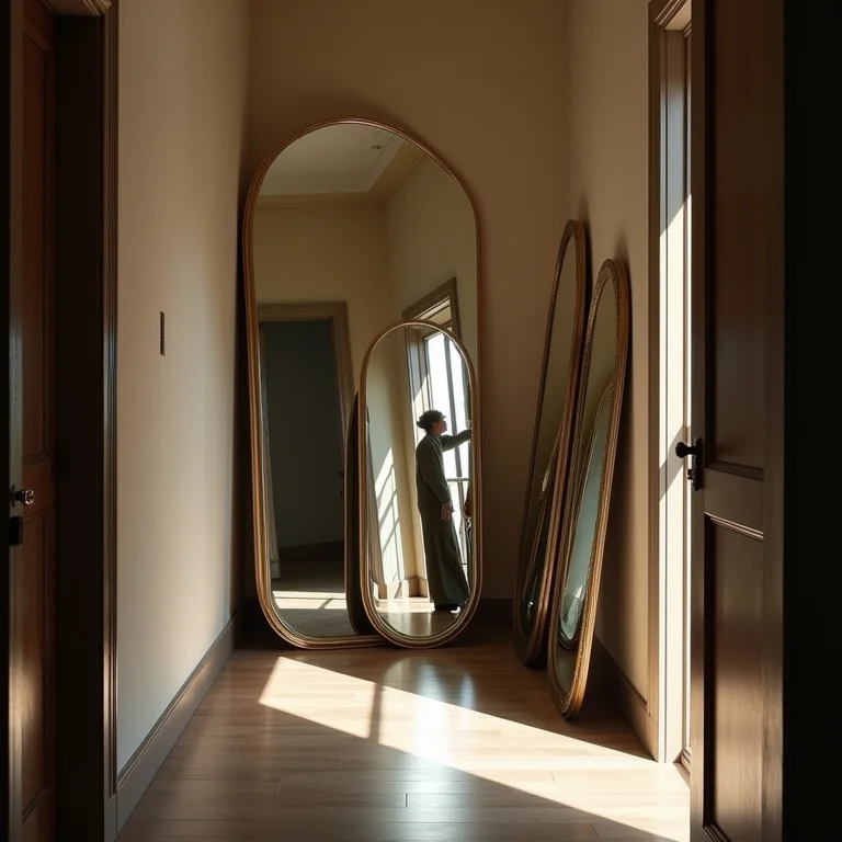 Espelhos refletindo a luz em um corredor escuro.