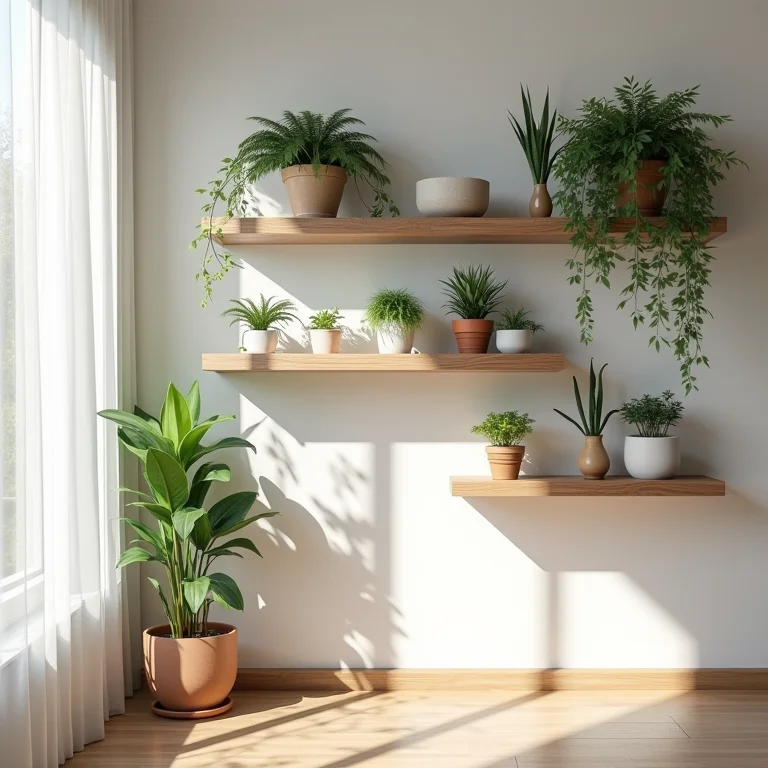 Estante vertical com plantas e objetos de decoração.