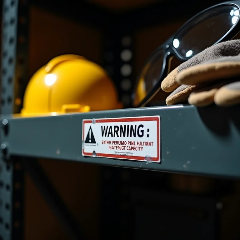 Etiqueta de aviso sobre a capacidade máxima de peso em uma prateleira industrial.