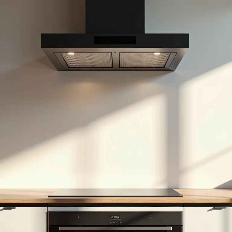 Exaustor moderno em cozinha gourmet: ventilação eficiente e design.