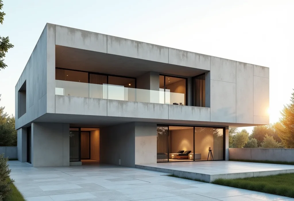 Fachada de casa brutalista com linhas geométricas e concreto aparente