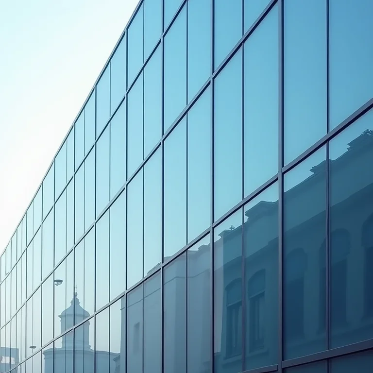 Fachada de edifício moderno com painéis de vidro refletivo.