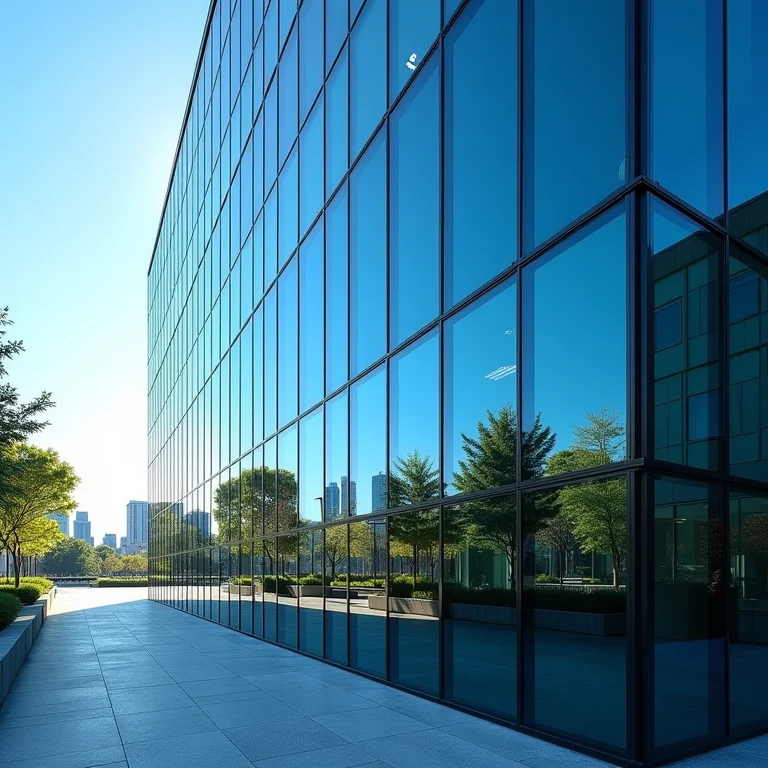 Fachada de prédio comercial com janelas de vidro temperado.