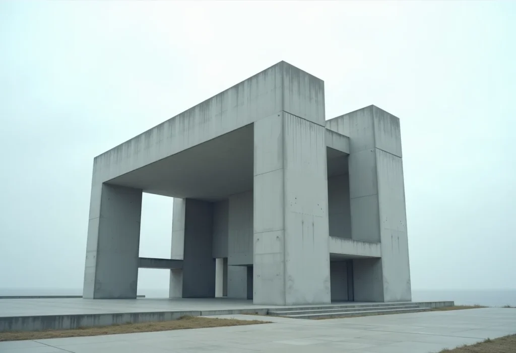 Fachada imponente de um edifício em concreto com design brutalista.