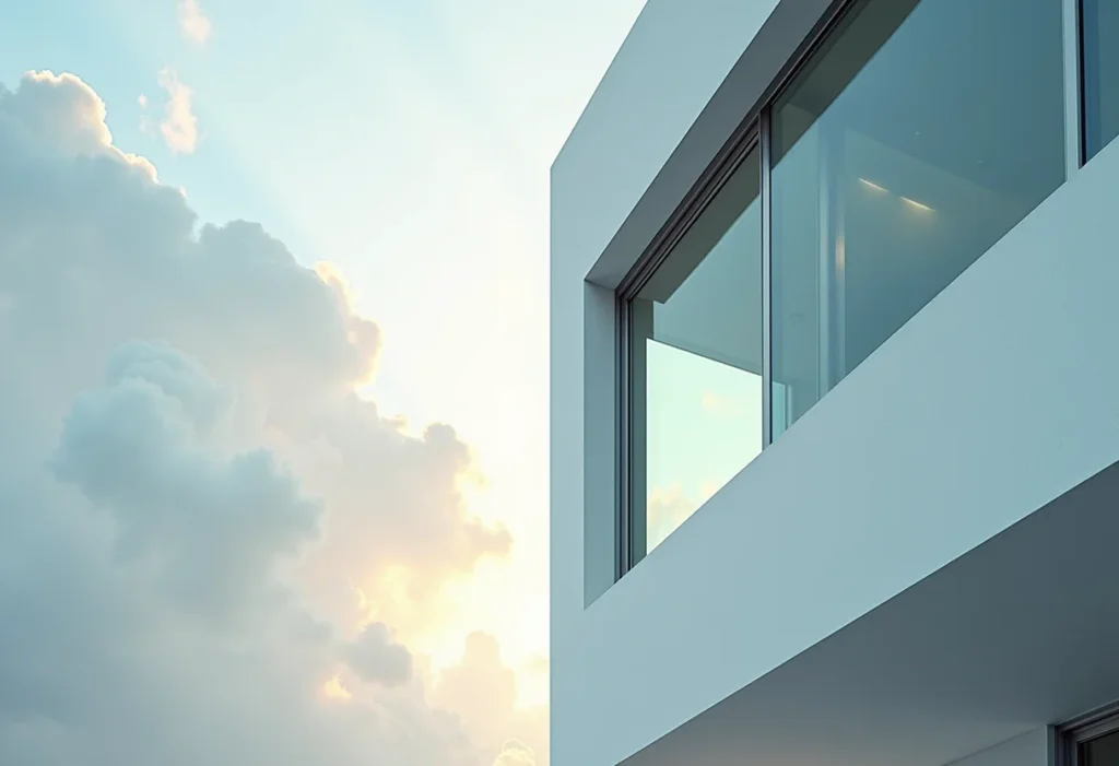 Fachada moderna de casa com janelas de vidro refletivo.