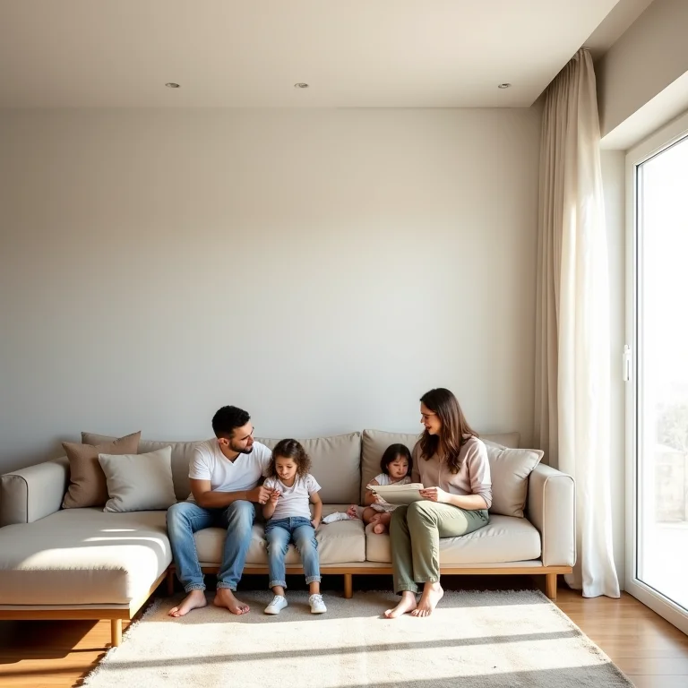 Família feliz em casa renovada com drywall.