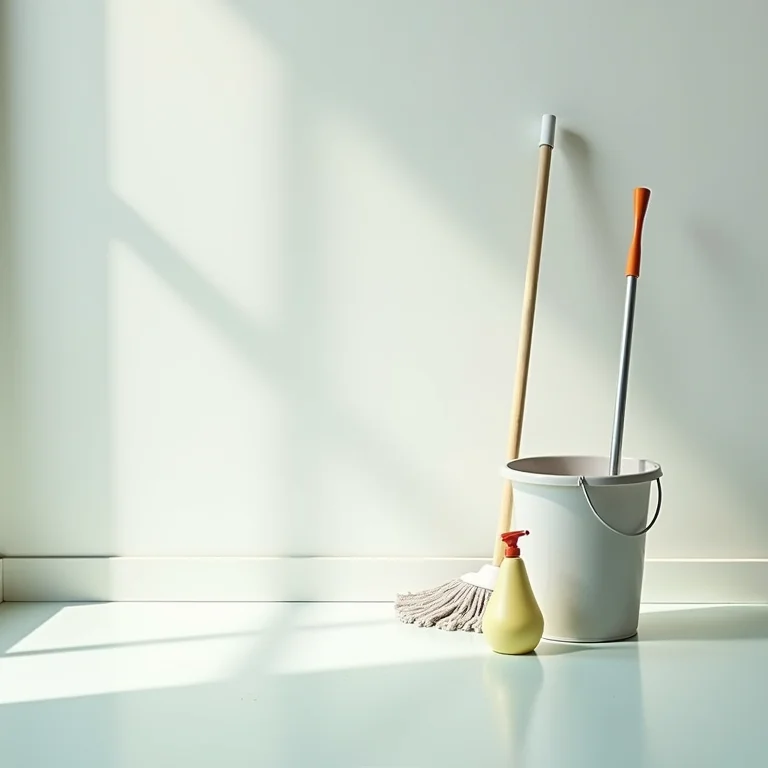 Ferramentas de limpeza ao lado de um piso de porcelanato líquido