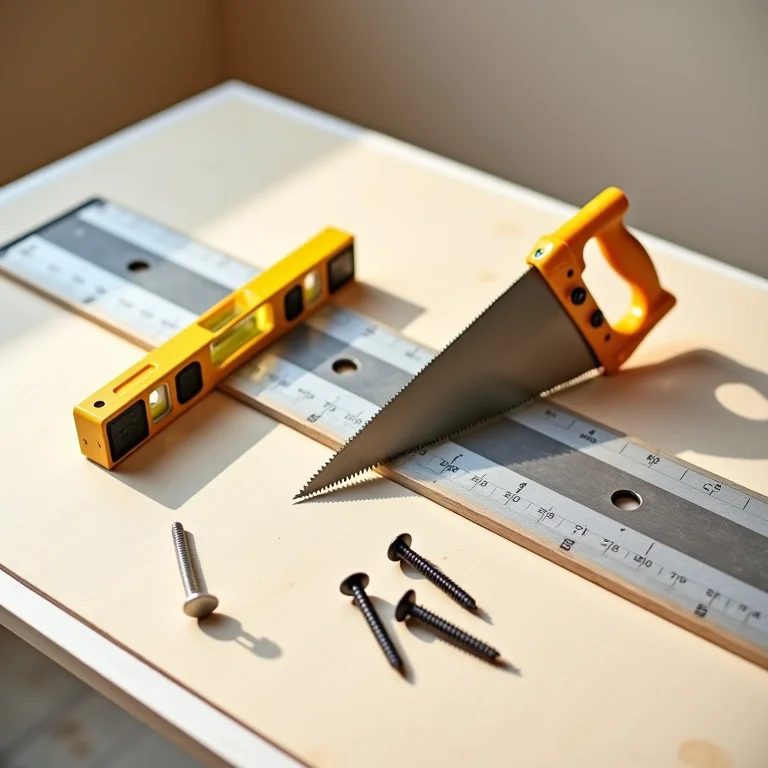 Ferramentas necessárias para instalação de drywall organizadas em uma bancada