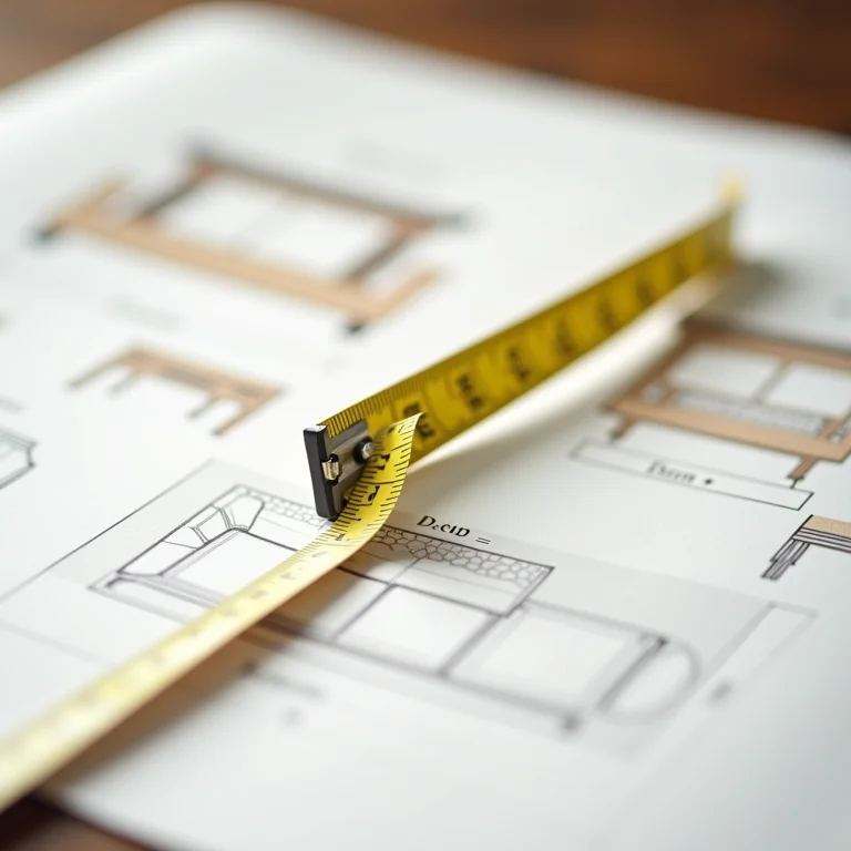 Fita métrica sobre um catálogo de móveis com as medidas essenciais.