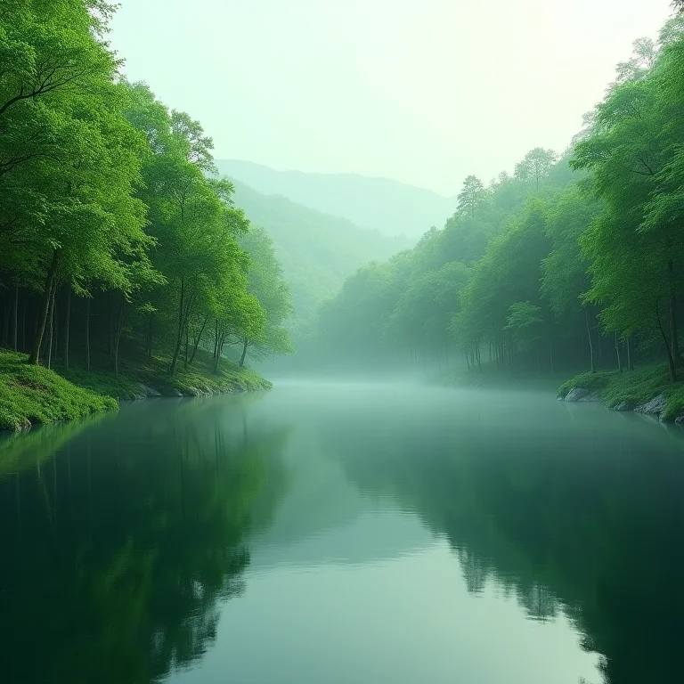 Floresta verde refletida em lago, simbolizando a proteção ambiental.