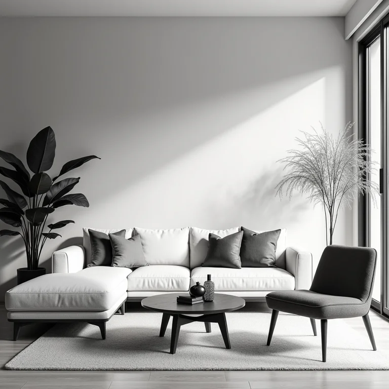 Foto em preto e branco de uma sala de estar moderna dos anos 50 com cores neutras.